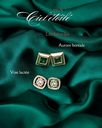 pack ciel étoilé : 2 paries de boucles aurore boréale et voie lactée - gémeaux maroc 